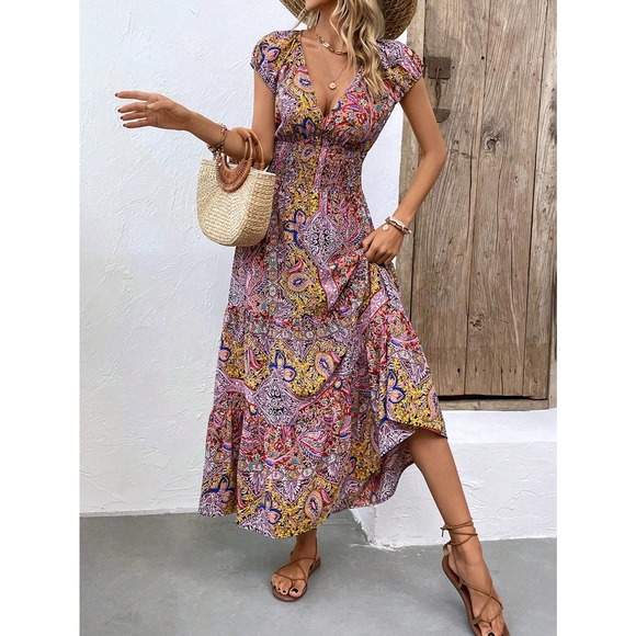 boho gypsy Paisley Print Shirred Detail Ruffle Hem Dress - Picture 4 of 12